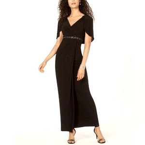 NWT ADRIANNA PAPELL Black evening Short Sleeve Full-Length women Dress